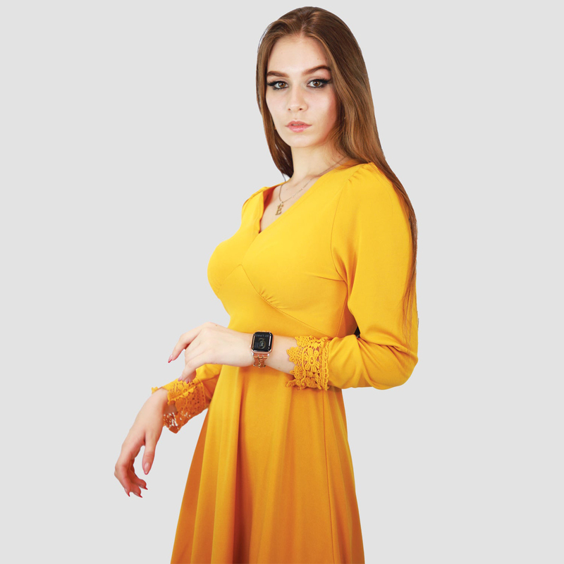 Kidwala V-Neck Long Sleeve Bottom Lace Plain Mini Dress, Large, Yellow