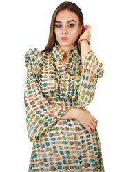 Kidwala Collar Neck 3/4 Three-Quarter Sleeve Ruffle Layer Bugs Print Long Maxi Dress, Multicolour