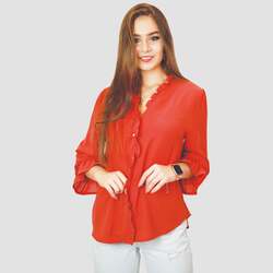 Kidwala Full Sleeve V-Neck Front Ruffled Button Up Blouse Top for Women, Medium, Dark Orange