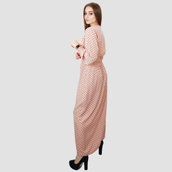 Kidwala Round Neck Long Sleeve Doted Pleated Long Maxi Dress, Large, Pink