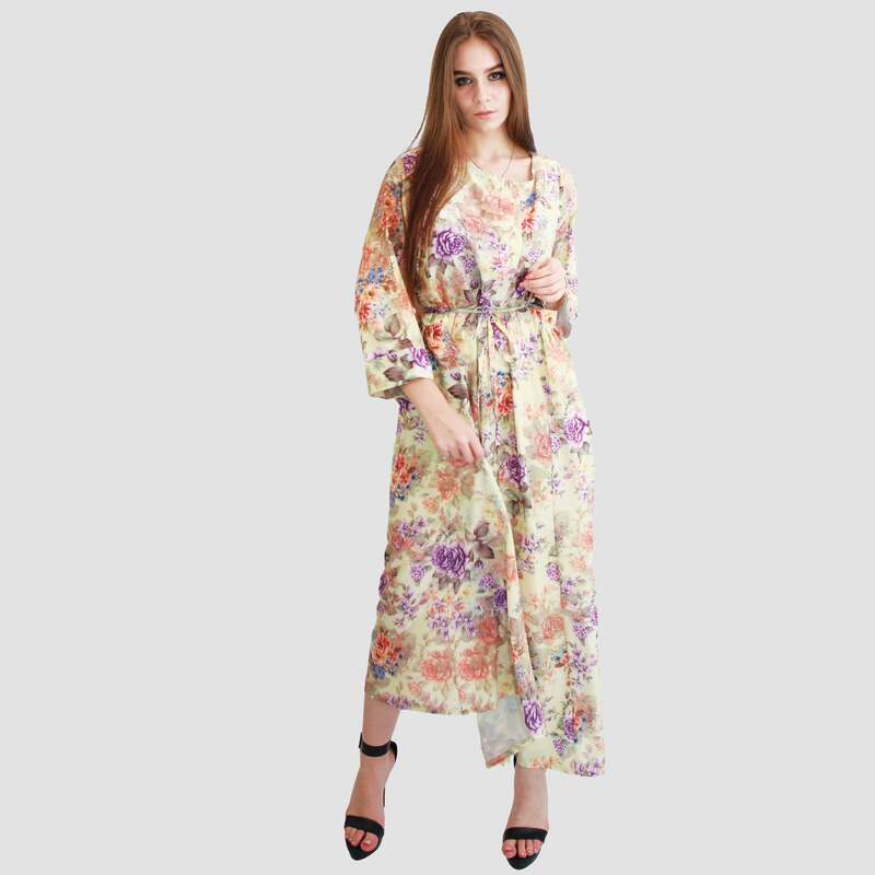 Kidwala Round Neck 3/4 Three-Quarter Sleeve Floral Front Tie Knot Long Maxi Dress, Purple/Beige