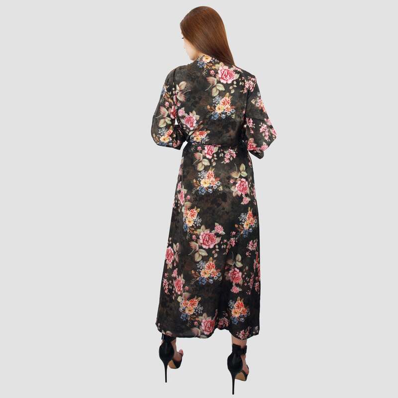 Kidwala Round Neck 3/4 Three-Quarter Sleeve Floral Front Tie Knot Long Maxi Dress, Black