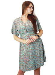 Kidwala V-Neck Short Sleeve Buttons Up Floral Print Short Dress, Medium, Green/Orange