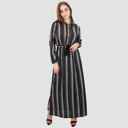 Kidwala Collar Neck Long Sleeve Front Tie Knot Stripes Print Long Maxi Dress, Medium, Black