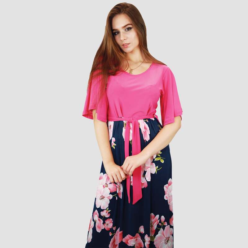Kidwala Round Neck Short Sleeve Floral Colorful Long Maxi Dress, Pink/Blue 1