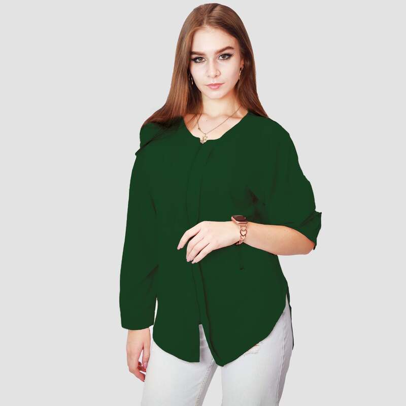 Kidwala Full Sleeve Round Neck Front Zip Up Blouse Top for Women, Plain Olive