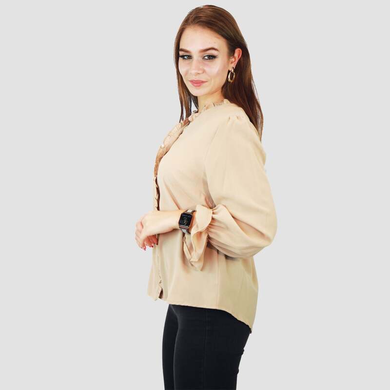 Kidwala Full Sleeve V-Neck Front Ruffled Button Up Blouse Top for Women, Medium, Beige