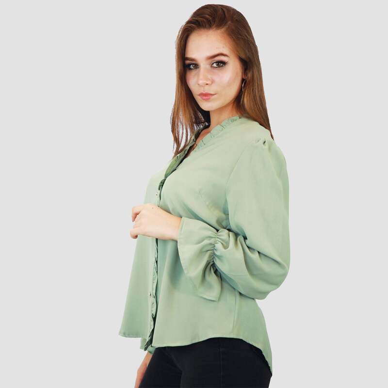 Kidwala Full Sleeve V-Neck Front Ruffled Button Up Blouse Top for Women, Medium, Light Green