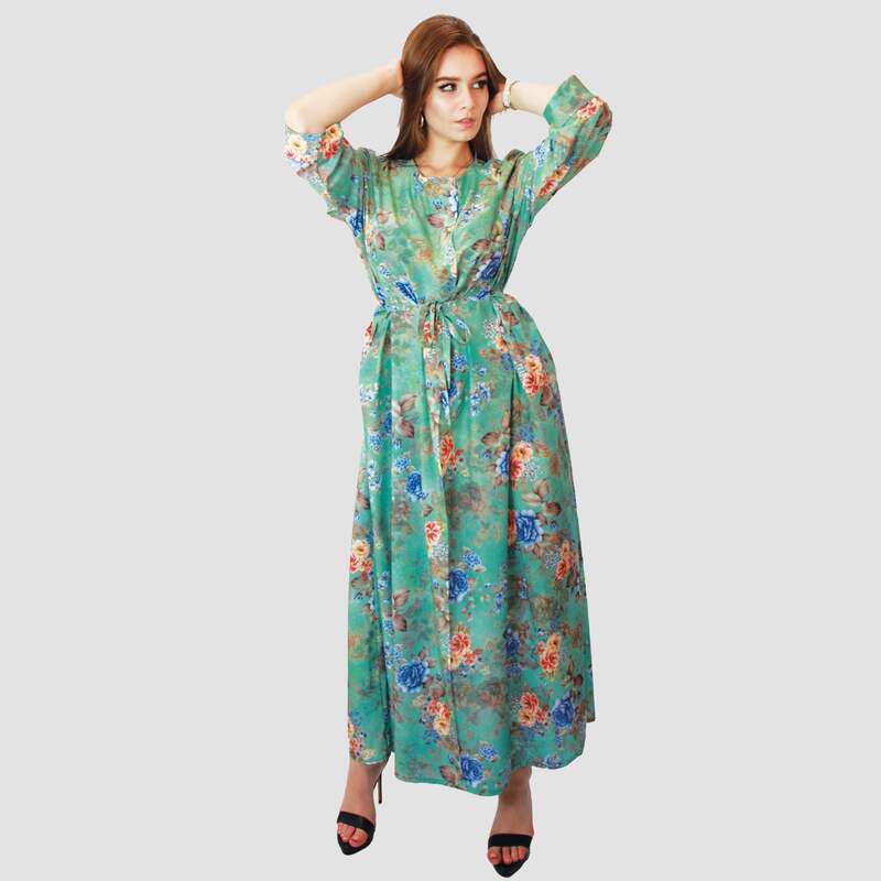Kidwala 3/4 Three-Quarter Sleeve Long Floral Front Tie Knot Maxi Dress, One Size, Green