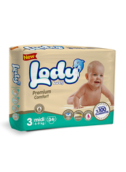 Lody Baby Premium Comfort Diapers, Size 3, Midi, 4-9 kg, Twin Pack, 34 Count