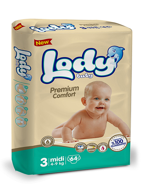 Lody Baby Premium Comfort Diapers, Size 3, Midi, 4-9 kg, Jumbo Pack, 64 Count