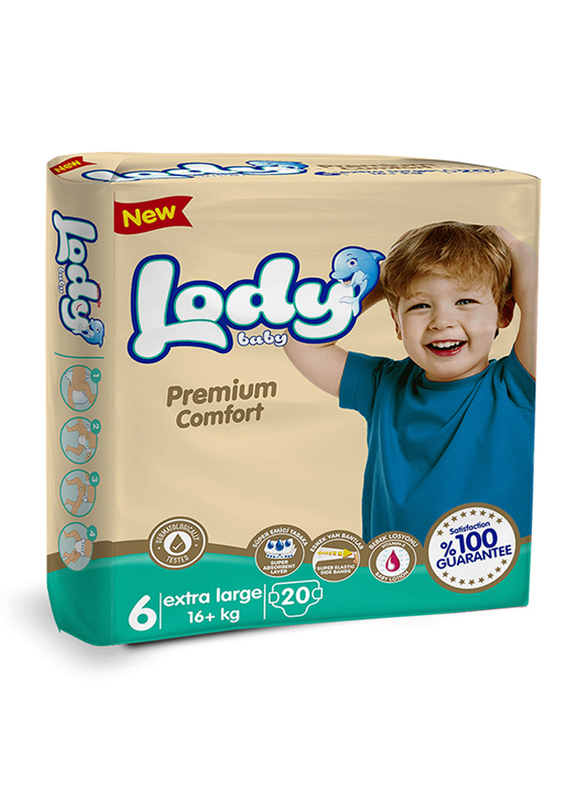 Lody Baby Premium Comfort Diapers, Size 6, Extra Large, 16+ kg, Twin Pack, 20 Count