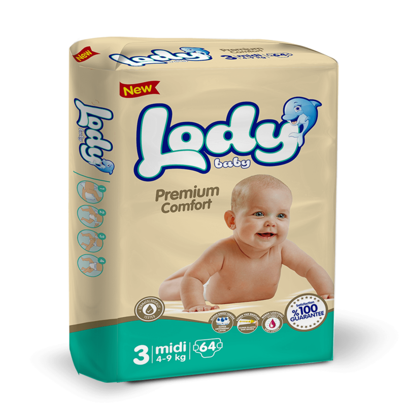 

Lody Baby Premium Comfort Diapers, Size 3, Midi, 4-9 kg, Jumbo Pack, 64 Count