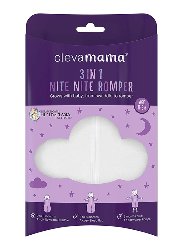 Clevamama 3-in-1 Nite Nite Romper & Sleeping Bag 1 Tog, 0-9 Months, White