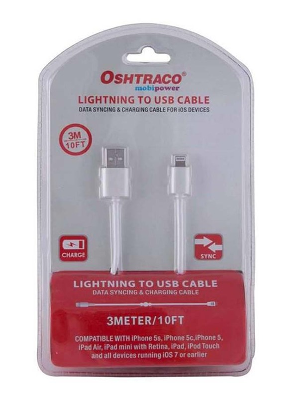 

Oshtraco 3-Meter Charging Cable, USB Type A Male to Lightning for Apple Devices, White