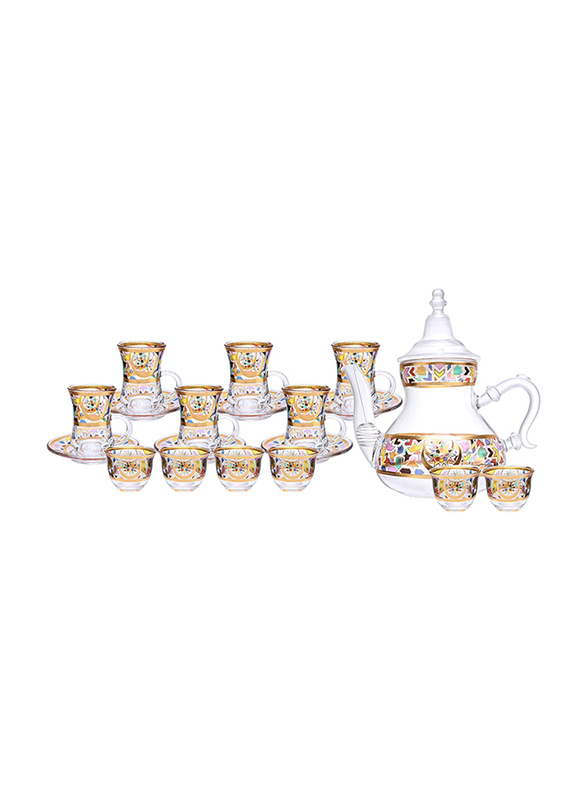 

Orchid 20-Piece Glass Tea Cups and Saucers Set with Gold Kettle, Multicolour