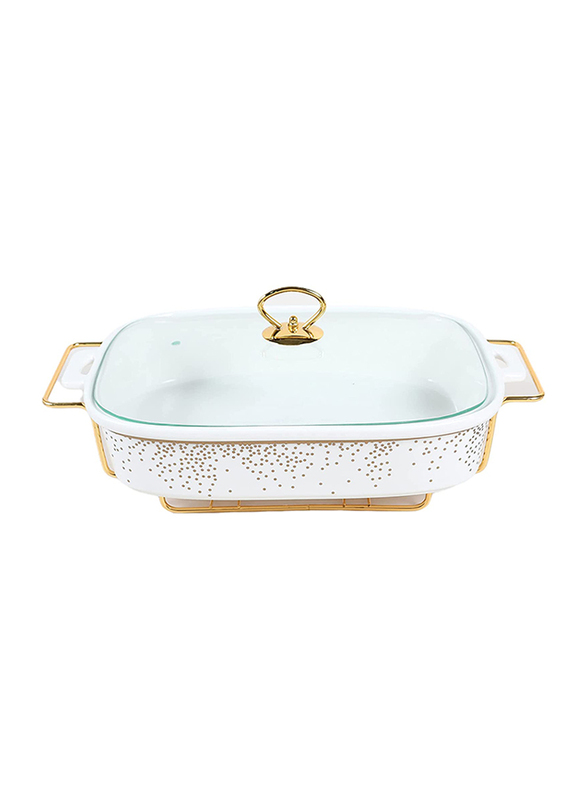 

Orchid 15-inch Porcelain Rectangle Dots Buffet Food Warmer Chafing Dishes with Rack, White/Gold