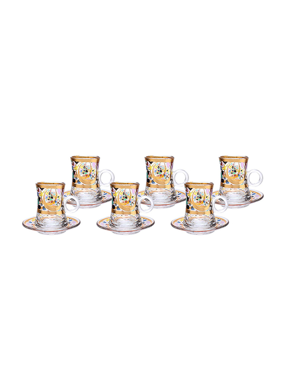 

Orchid 120ml 12-Piece Set Turkish Gold Design Glass Tea Cup & Saucer, Gold/Clear