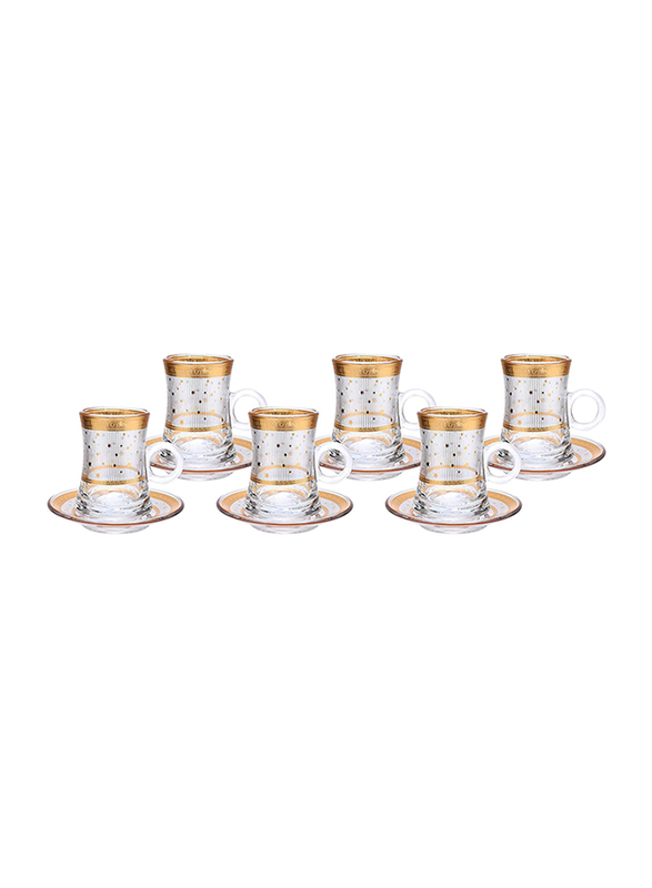 

Orchid 120ml 12-Piece Set Gold Design Party Glass Cup & Saucer, Gold/Clear