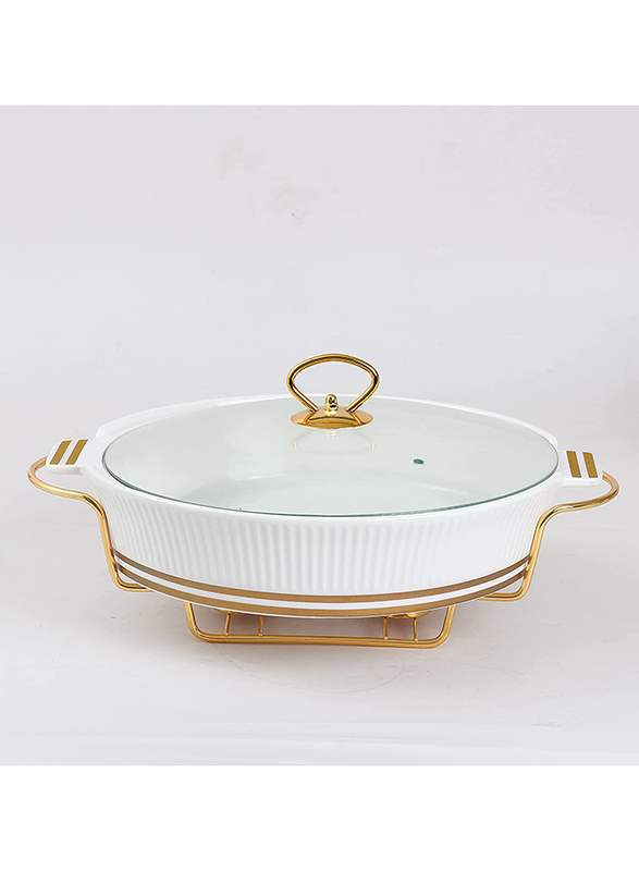 

Orchid 12-inch Ceramic Round Food Warmer Chafing Dish with Glass Lid, White/Gold