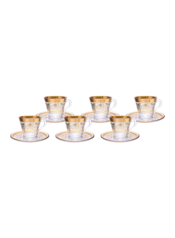 

Orchid 200ml 12-Piece Set Leaf Design Glass Cup & Saucer, Gold/Clear