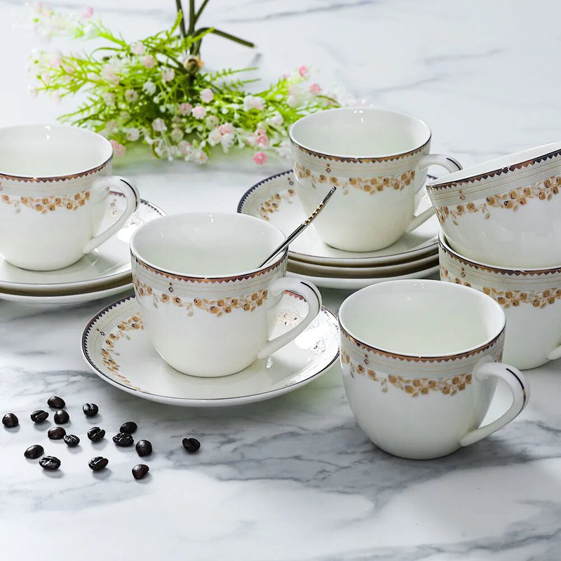 

Queens 12-Piece Set Rose Design NBC Bone China Cup & Saucer, White/Gold