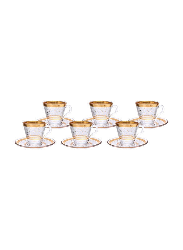 

Orchid 200ml 12-Piece Set Gold Design Glass Cup & Saucer, Gold/Clear