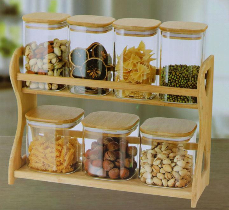 

High Borosilicate Storage Canisters with Bamboo Rack, 7 Pieces, Clear/Brown