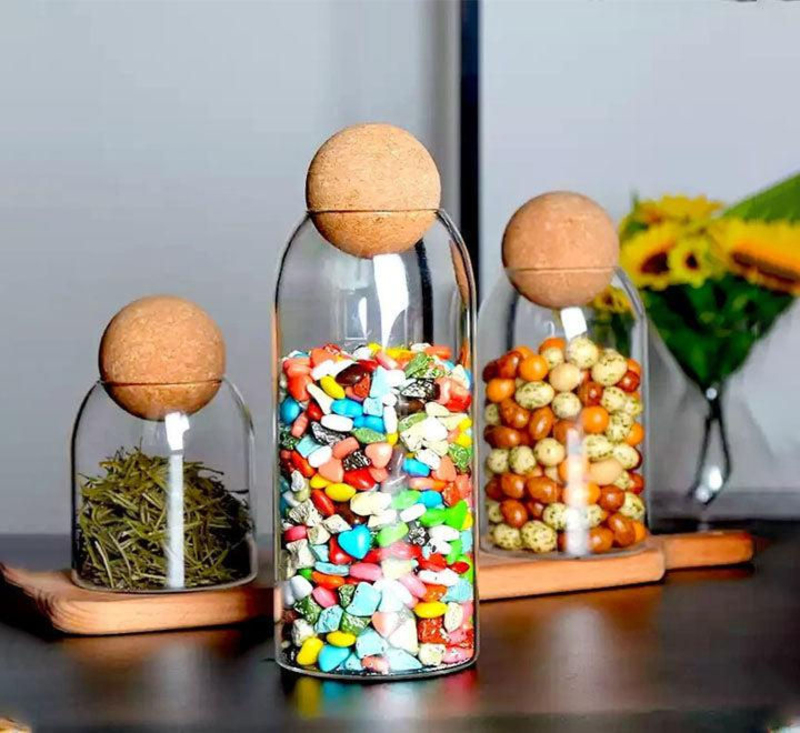 

3-Piece Glass Food Storage Jars with Wood Lid Ball, Clear