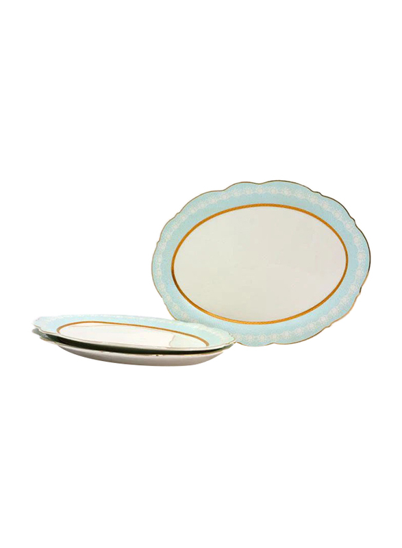 

Angela 35cm Ceramic Oval Serving Plate Set of 3, RM-166, White/Turquoise