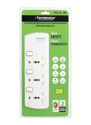 Terminator 3-Way UK Plug Extension Cord Sockets with 3-Meter Cable, White
