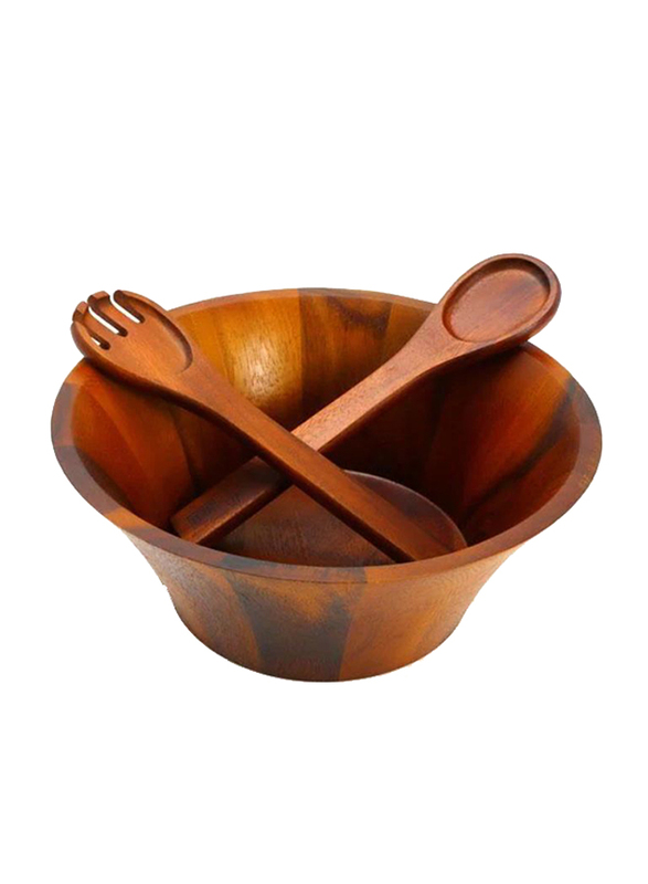 

Billi 3-Piece Wood Round Flare Salad Bowl Large with Servers, ACA-B/HM-3-61A, Brown