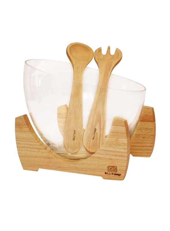 

Billi 3-Piece Wood Round Salad Bowl with Wooden Spoon, GW-684, Brown