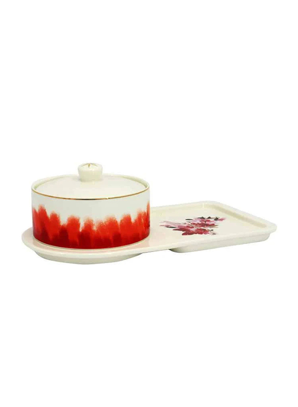 

Angela 28cm Ceramic Container Serving Set with Lid and Tray, MK-60, White/Red