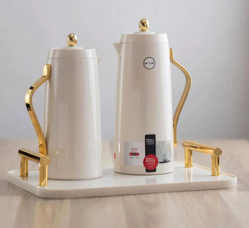 

Host 3-Piece Plastic Thermos Flask with Tray Set, HST2-1049-3, Off White/Gold