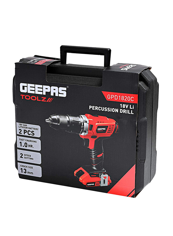 Geepas Cordless Percussion Hammer Drill, 13mm, 18V, GPD1820C, Orange