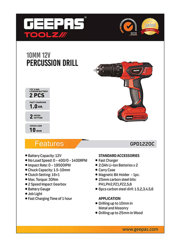 Geepas Cordless Lithium Hammer Drill, 10mm, 12V, GPD1220C, Orange/Black