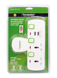 Terminator 2-Way Socket with 2 USB Port T Power Extension, White