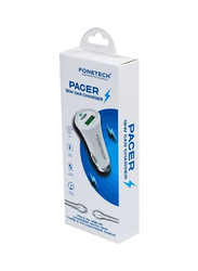 Fonetech Pacer 18W PD QC 3.0 Dual Port Car Charger, with 2.4A Type C to Lightning Cable for iPhone, White