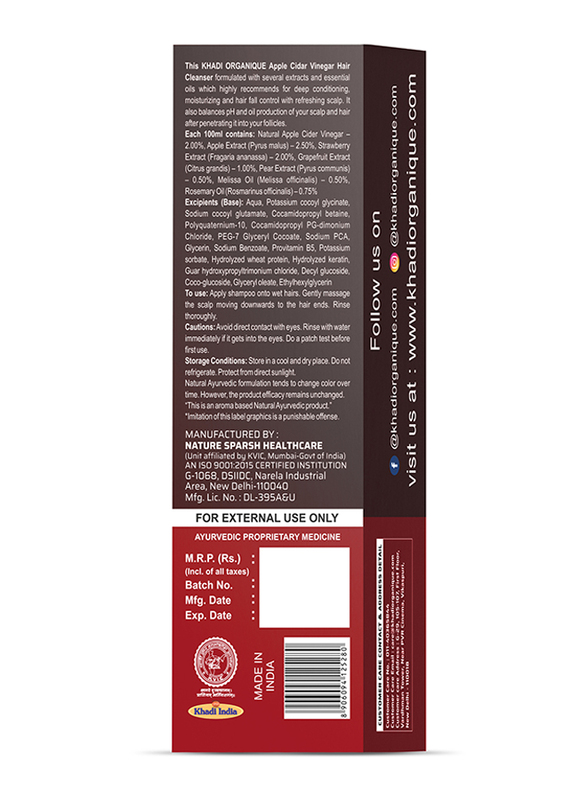 Khadi Organique Apple Cider Vinegar Hair Cleanser Shampoo for Sensitive Scalps, 200ml