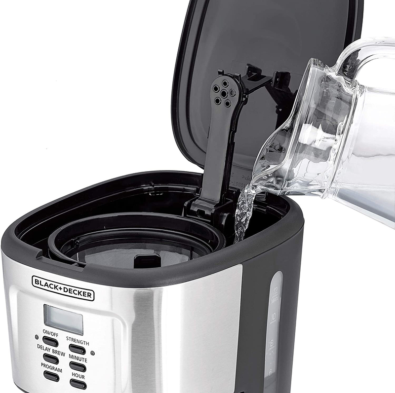 Black+Decker 1.5L 12 Cup Drip Programmable Coffee Machine, 900W, DCM85-B5, Silver/Black