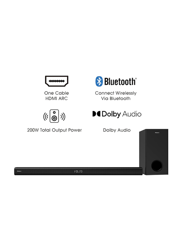 Hisense HS218 Bluetooth Soundbar with Wireless Subwoofer, 200W, Black