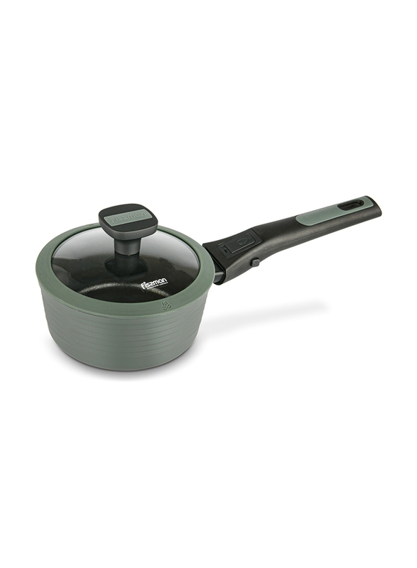 

Fissman 16cm/1.3L Brilliant Non-Stick Round Sauce Pan with Detachable Handle Glass Lid, 14380, 36x13x16 cm, Green/Black