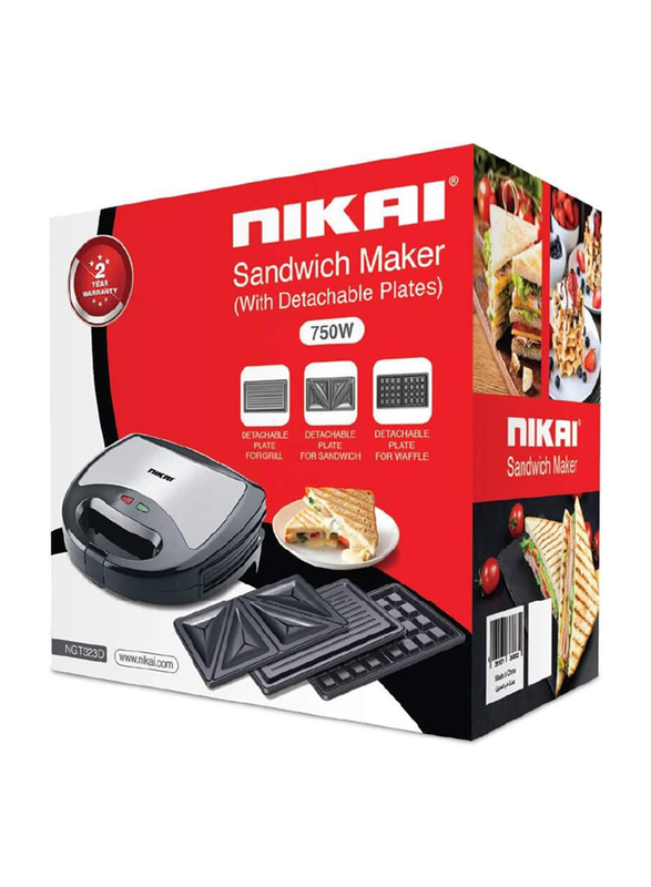 Nikai 2 Slice Sandwich Toaster With Detachable Plates, 750W, NGT323D, Silver/Black