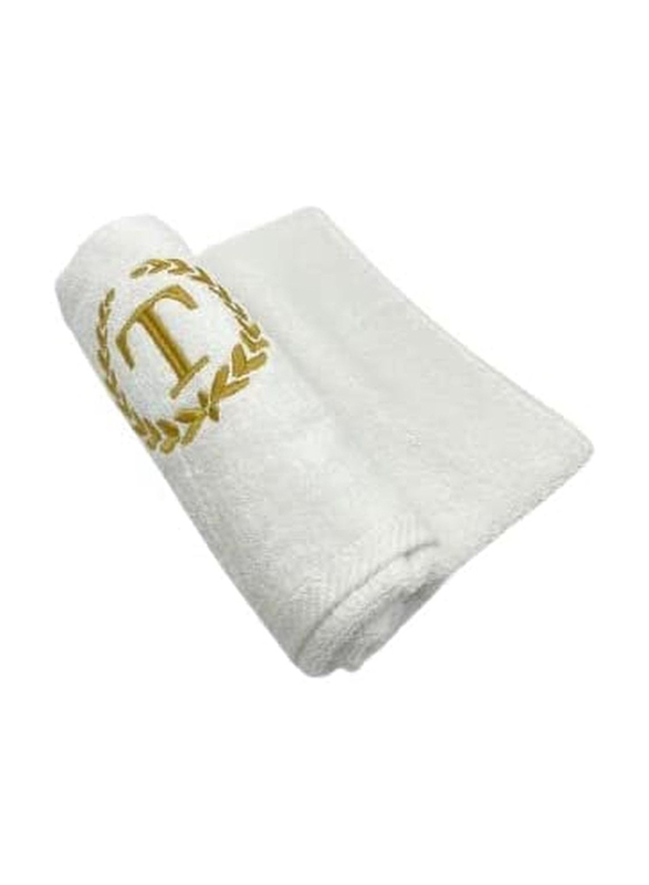 BYFT 100% Cotton Embroidered Monogrammed Letter T Bath Towel, 70 x 140cm, White/Gold