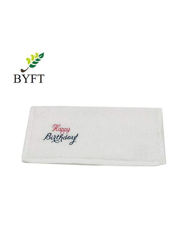 BYFT 6-Piece 100% Cotton Embroidered Happy Birthday Towel Set, White