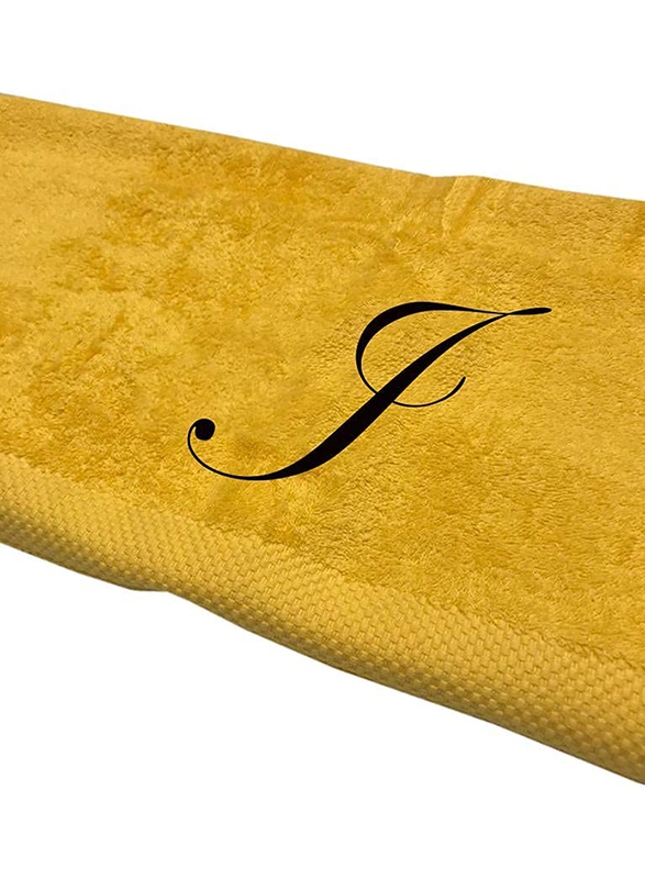 BYFT 100% Cotton Embroidered Letter J Bath Towel, 70 x 140cm, Yellow/Black