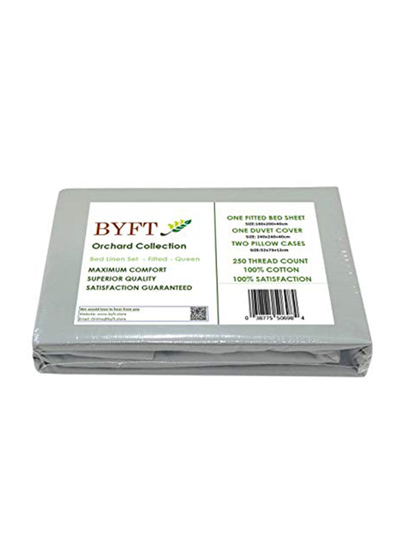 BYFT Orchard 100% Cotton Bedlinen Set, 1 Fitted Bed Sheet + 2 Pillow Case + 1 Duvet Cover, Queen, Grey