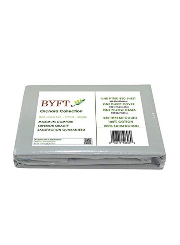 BYFT Orchard 100% Cotton Bedlinen Set, 1 Fitted Bed Sheet + 1 Pillow Case + 1 Duvet Cover, Single, Grey