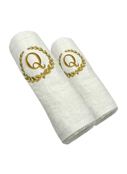 BYFT 2-Piece 100% Cotton Embroidered Letter Q Bath & Hand Towel Set, White/Gold